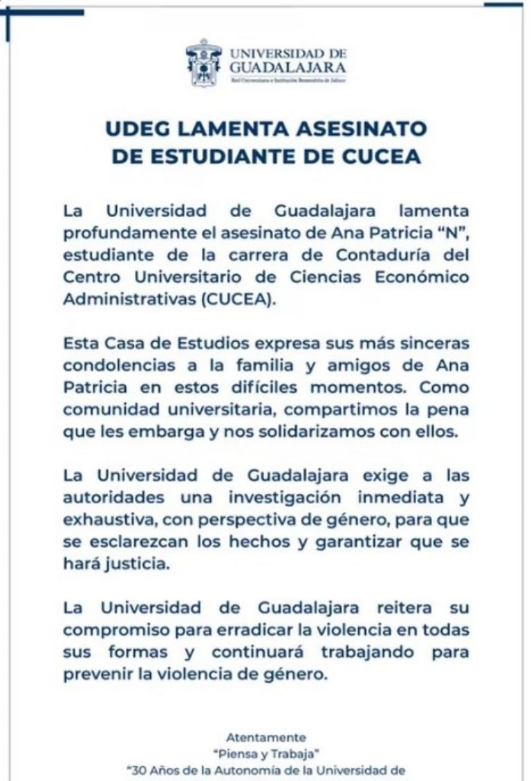 La UdeG exige justicia para el caso de Ana Patricia