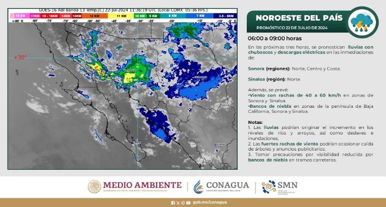 Conagua advierte lluvias en Sonora este lunes. Foto: SMN