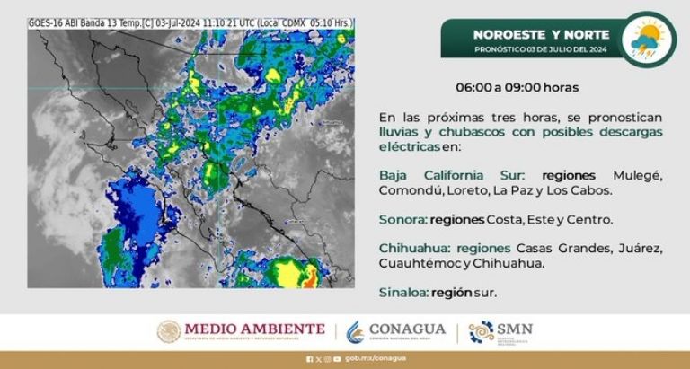 Lluvias en Sonora HOY miércoles 3 de julio. Foto: Conagua