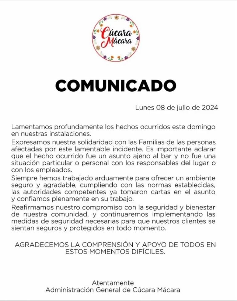 Comunicado del bar-karaoke Cúcara Mácara