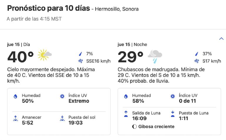 Clima en Hermosillo, Sonora, HOY jueves 15 de agosto. Foto: SMN