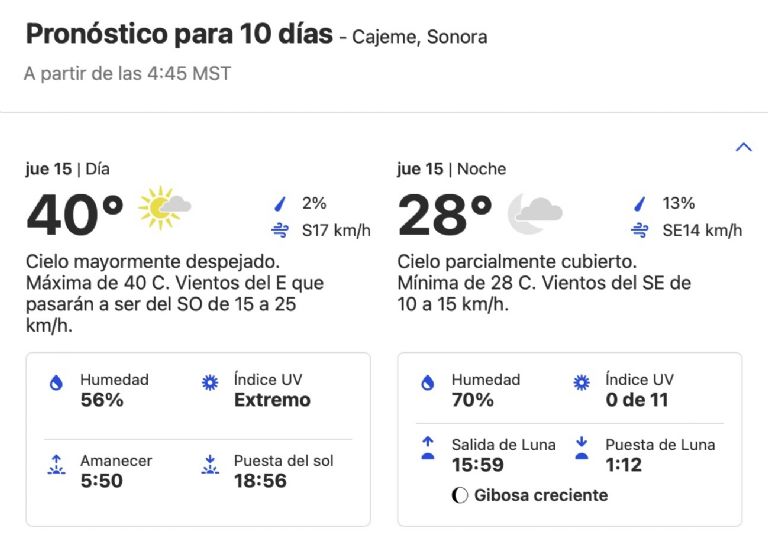 Clima en Cajeme, Sonora, HOY jueves 15 de agosto. Foto: SMN