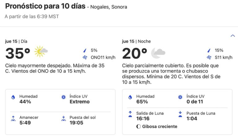Clima en Nogales, Sonora, para HOY jueves 15 de agosto. Foto: SMN