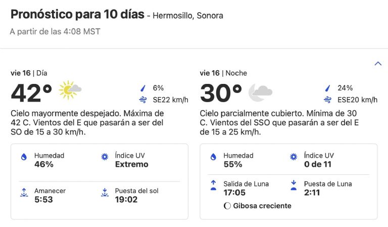 Clima en Hermosillo para HOY viernes 16 de agosto. Foto: SMN