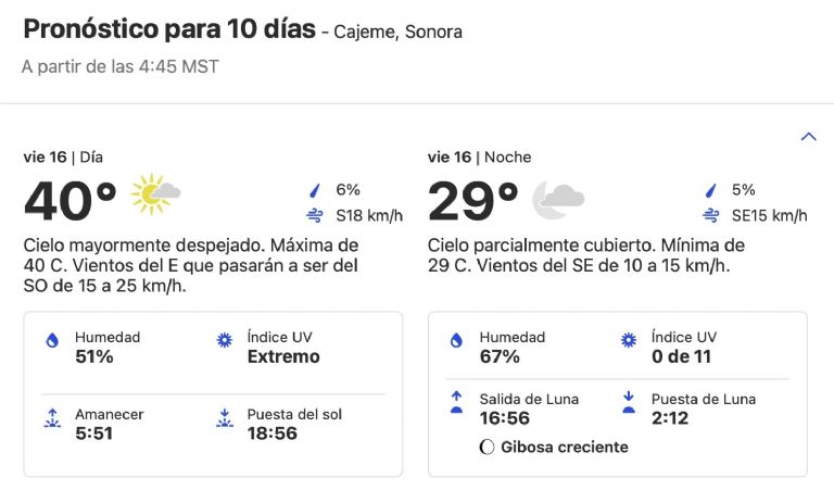 Clima en Ciudad Obregón, Sonora, HOY viernes 16 de agosto. Foto: SMN