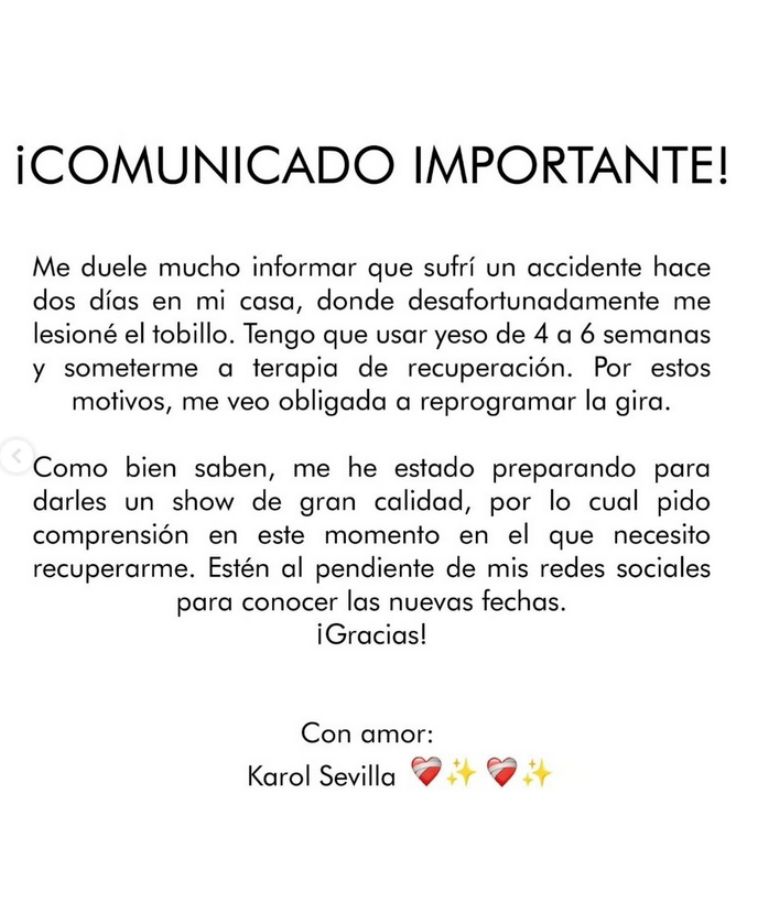 Karol Sevilla emite comunicado sobre su fractura