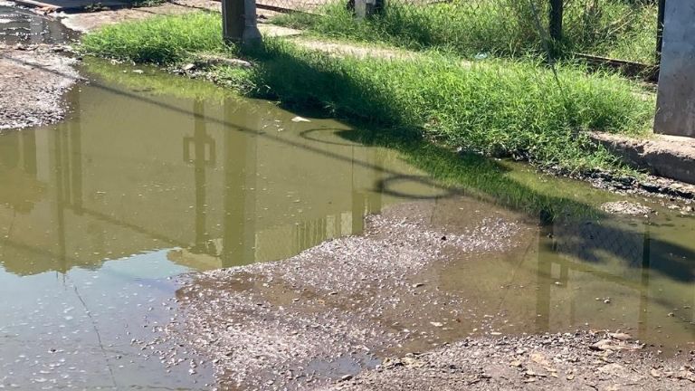 Acumulación de aguas negras provoca bache en Ciudad Obregón