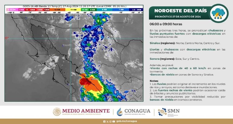 Clima en Sonora para HOY martes 27 de agosto. Foto: Conagua