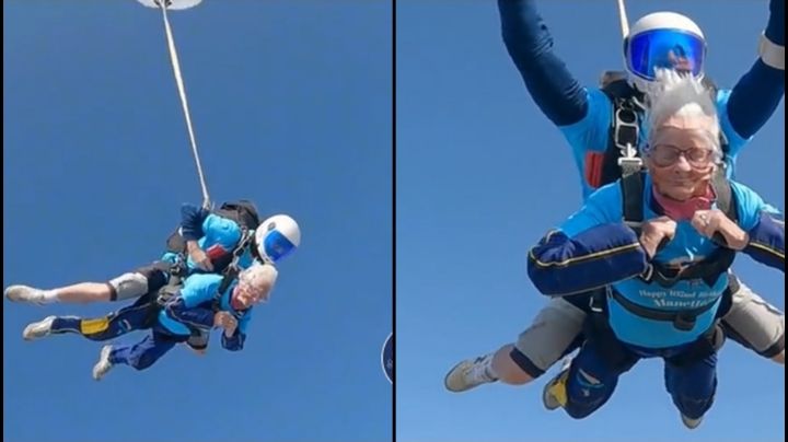Abuelita de 102 años se lanza en paracaídas para invitar a los ancianos a ser más activos