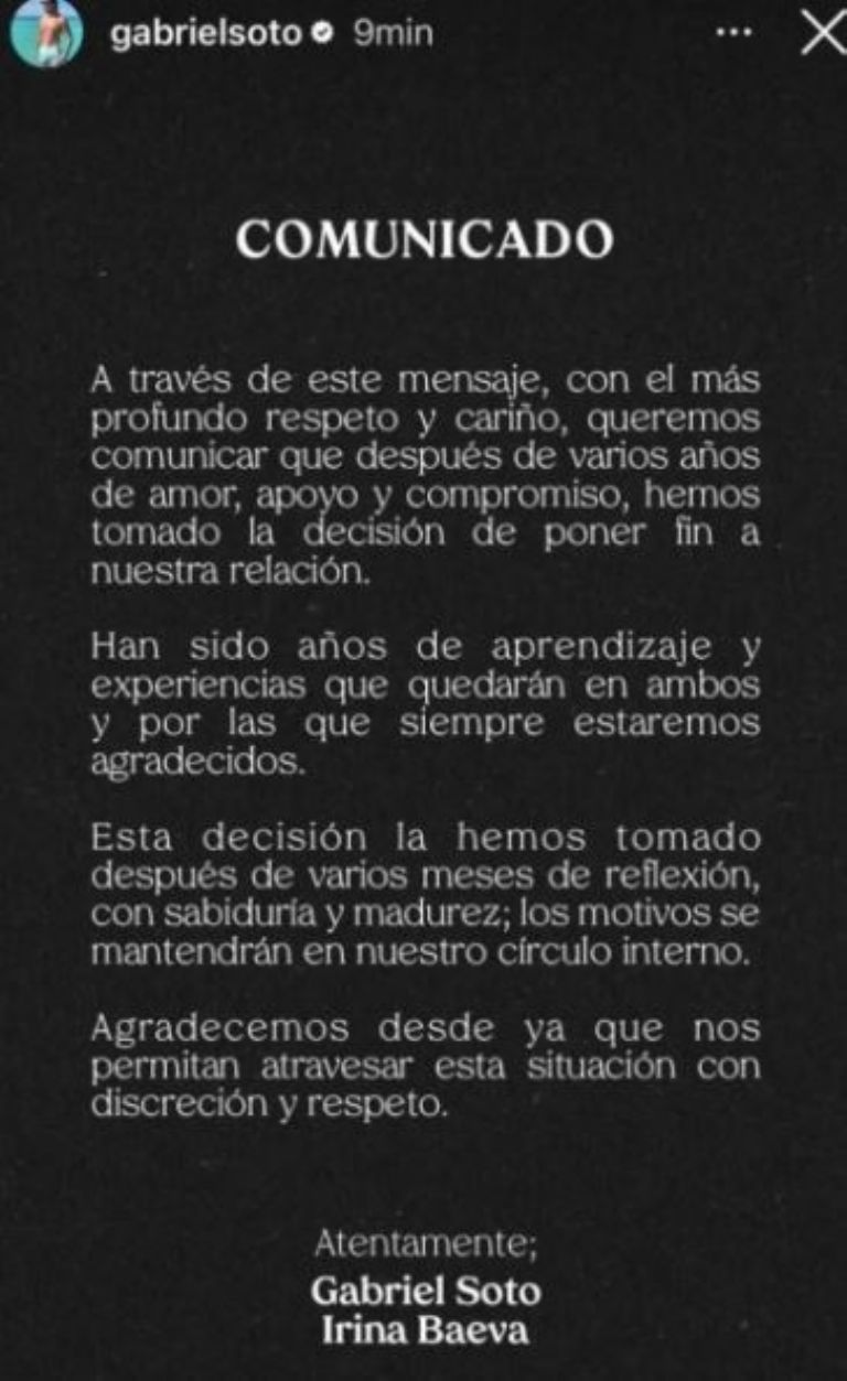 Gabriel Soto comunicó su ruptura con Irina Baeva