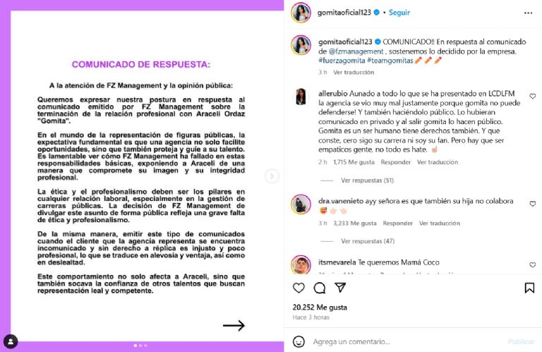 Comunicado en respuesta al despido de Gomita