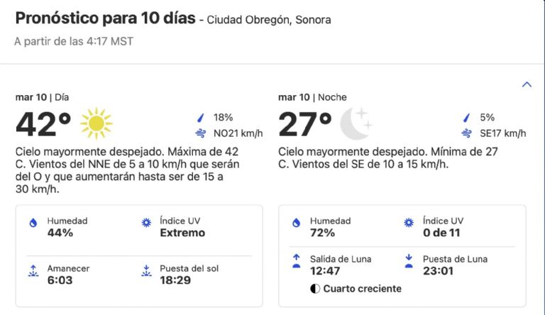 Clima en Ciudad Obregón hoy 10 de septiembre de 2024. Foto: Conagua