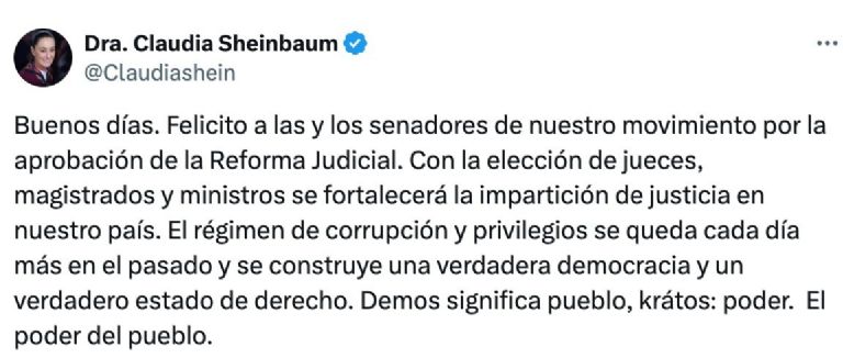 Claudia Sheinbaum celebra aprobación de Reforma al Poder Judicial. Foto: Twitter