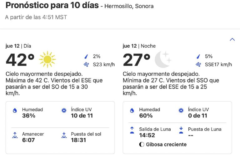 Clima en Hermosillo, Sonora, hoy jueves 12 de septiembre. Foto: Conagua