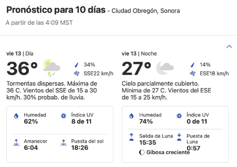 Clima en Ciudad Obregón hoy viernes 13 de septiembre. Foto: Conagua