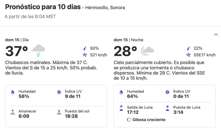 Clima en Hermosillo, Sonora, HOY domingo 15 de septiembre. Foto: Conagua