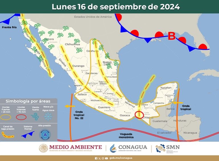 Clima en México 16 de septiembre 2024. Foto: Conagua