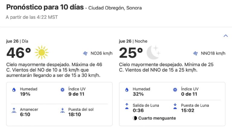 Clima en Ciudad Obregón, Sonora, HOY jueves 26 de septiembre. Foto: Conagua