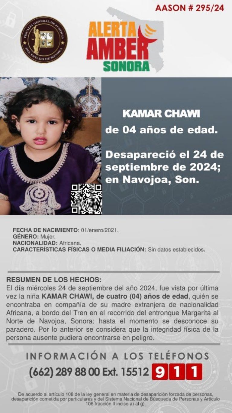 Activan Alerta Amber por menor desaparecida en Navojoa, Sonora. Foto: FGJES