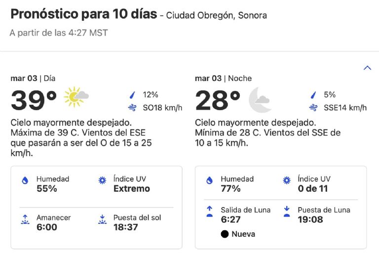 Clima en Ciudad Obregón, Sonora, para HOY martes 3 de septiembre. Foto: Conagua