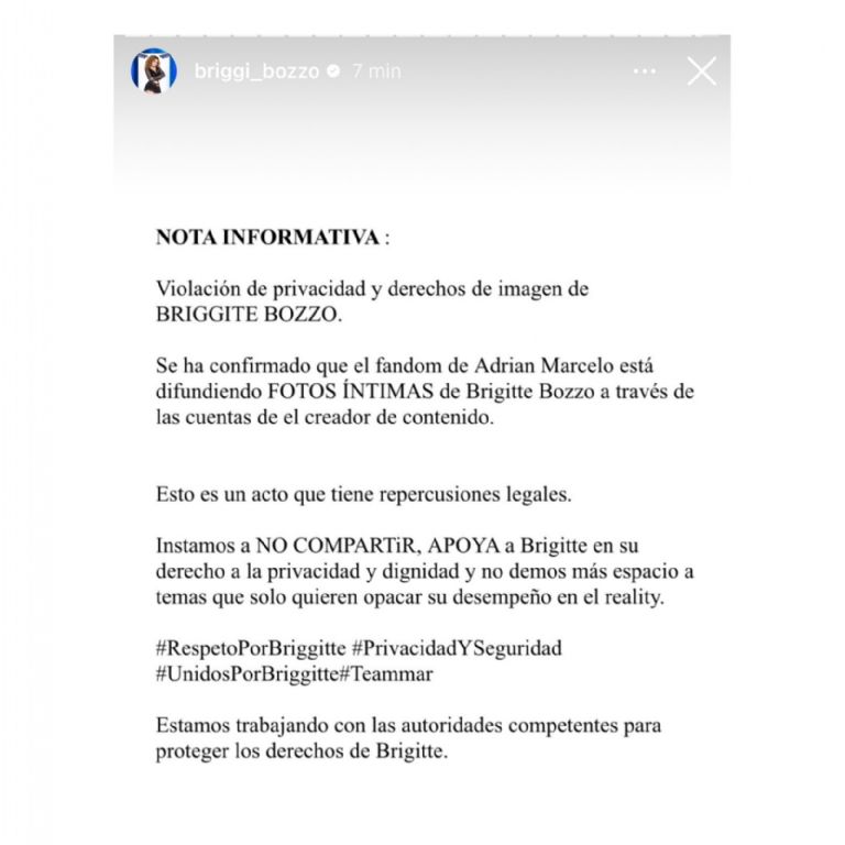 Comunicado publicado en el perfil de Instagram de Briggitte Bozzo