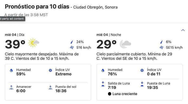 Clima en Ciudad Obregón HOY miércoles 4 de septiembre. Foto: Conagua