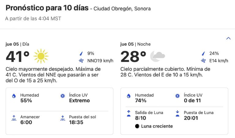 Clima en Ciudad Obregón hoy jueves 5 de septiembre. Foto: Conagua
