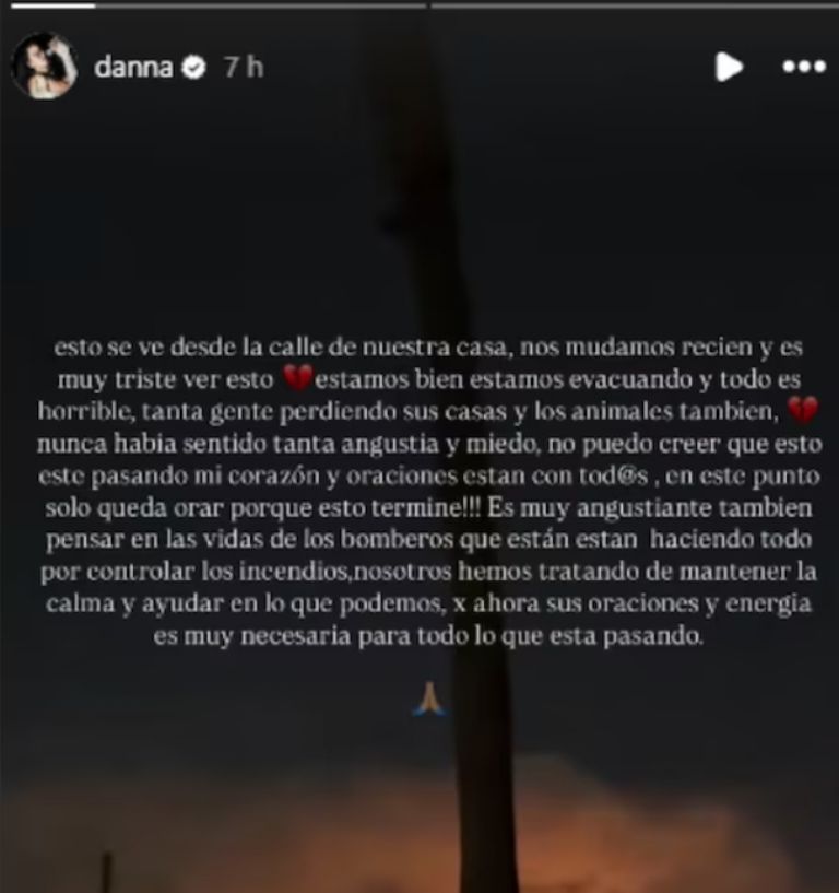 Publicación de Danna Paola sobre los incendios de California
