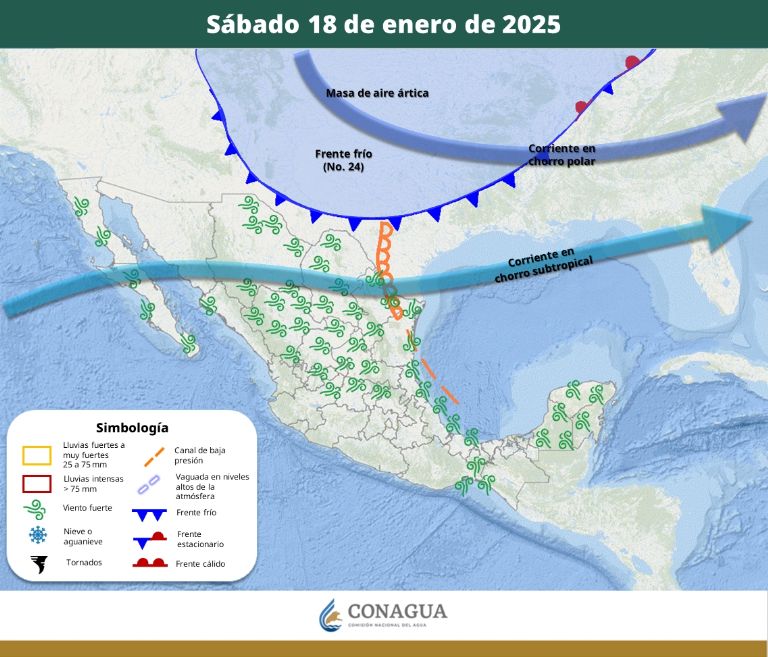 Pronóstico del clima para el sábado 18 de enero. Foto: Conagua
