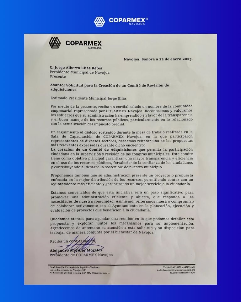 Coparmex Navojoa envió un comunicado