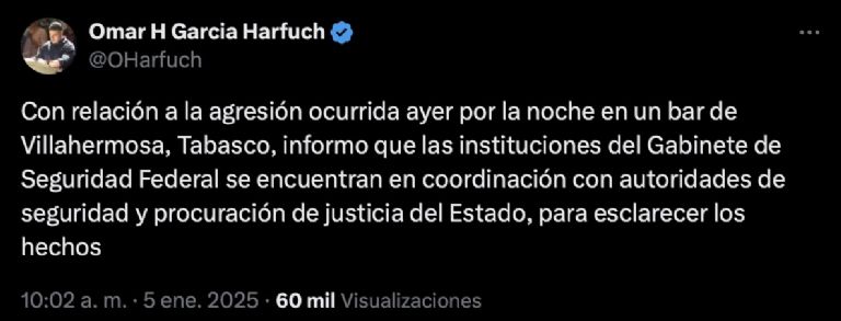 Omar García Harfuch reacciona a masacre en Tabasco. Foto: Twitter