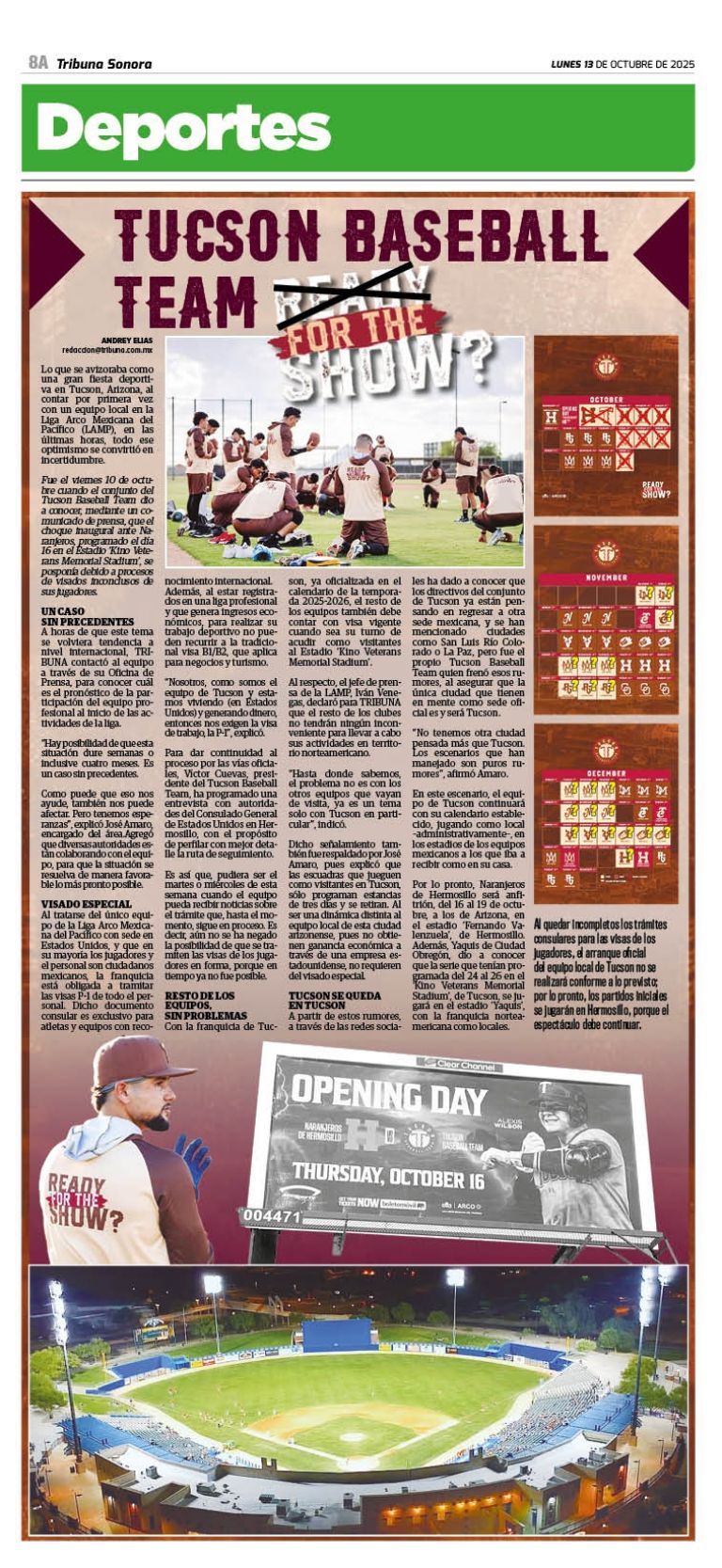 Temporada en casa del Tucson Baseball Team está en 3-2