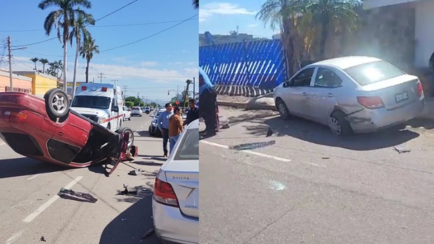 FOTOS: Se registra volcadura en Ciudad Obregón; auto queda con las llantas arriba