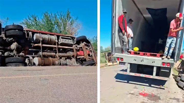 Hermosillo: Tractocamión con sandías se vuelca en Miguel Alemán y causa cierre parcial de carretera