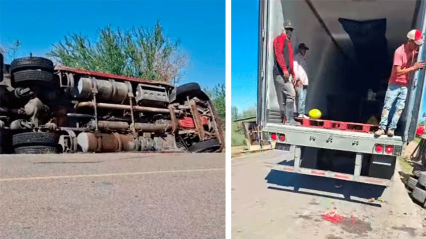Hermosillo: Tractocamión con sandías se vuelca en Miguel Alemán y causa cierre parcial de carretera