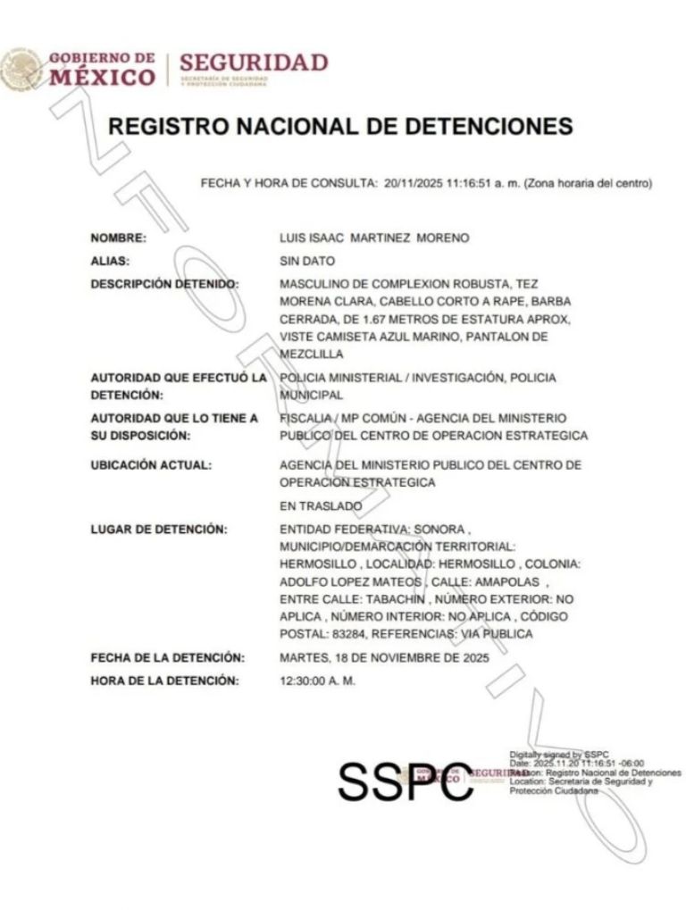 Confirman en Registro Nacional de Detenciones la captura del influencer 'Cocinando a la Periqué' en Hermosillo