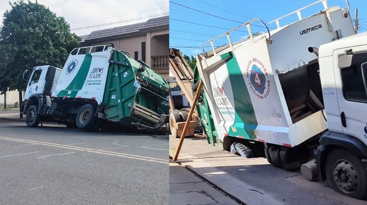 Ciudad Obregón: Camión recolector cae en socavón en la colonia Morelos; reportan daños al pavimento