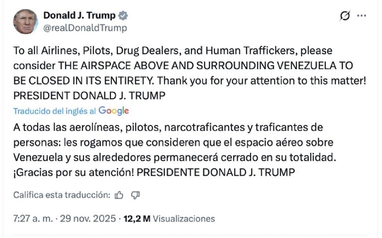 El presidente Donald Trump informó el cierre del espacio aéreo en Venezuela. Foto: Internet