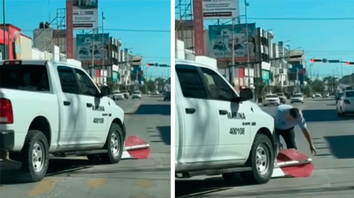 Guaymas: Vehículo oficial de la Secretaría de Marina choca contra señal en avenida Aquiles Serdán