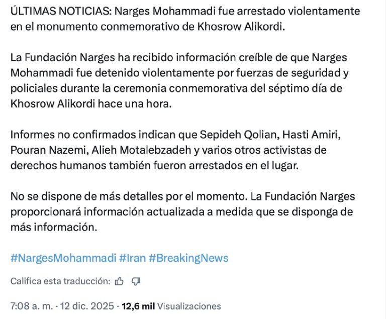 Arrestan a ganadora del Premio Nobel de la Paz. Foto: Facebook