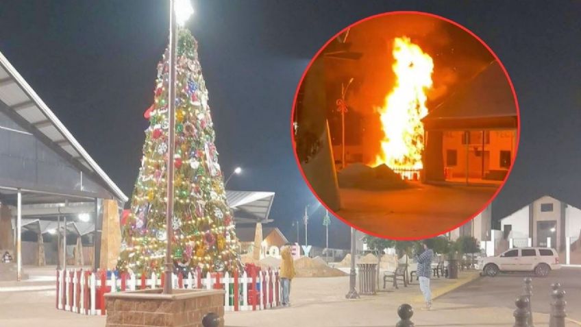 FUERTES IMÁGENES: Voraz INCENDIO destruye árbol de Navidad en Palacio Municipal de Sonora