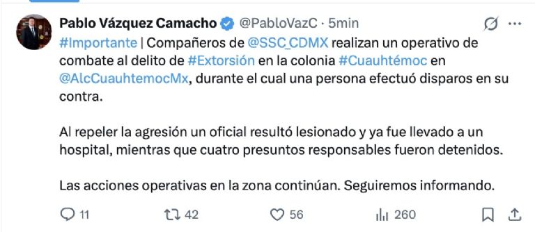 Confirman balacera en la Cuauhtémoc. Foto: Facebook