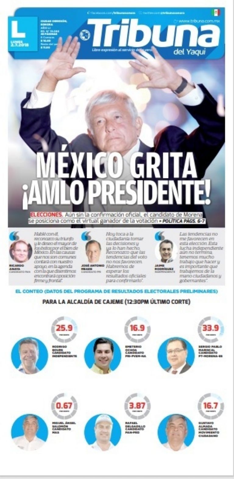 60 años, 60 historias: México grita AMLO presidente fue el titular de TRIBUNA el 2 de julio del 2018