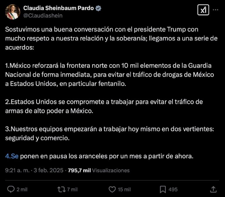 Claudia Sheinbaum confirma pausa de aranceles. Foto: Facebook