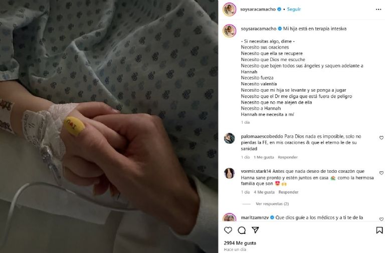 La hija de Sara Camacho se encuentra en terapia intensiva