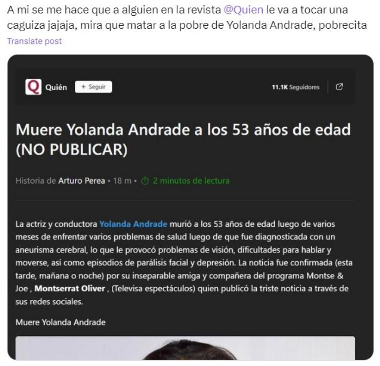 Revista Quién reporta la muerte de Yolanda Andrade