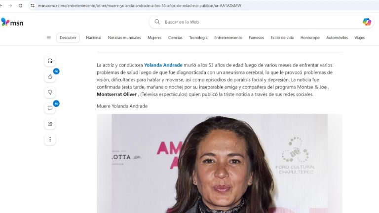 Publicaron por error la muerte de Yolanda Andrade