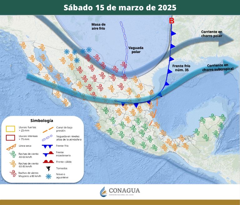 Pronóstico del clima para el sábado 15 de marzo. Foto: Conagua