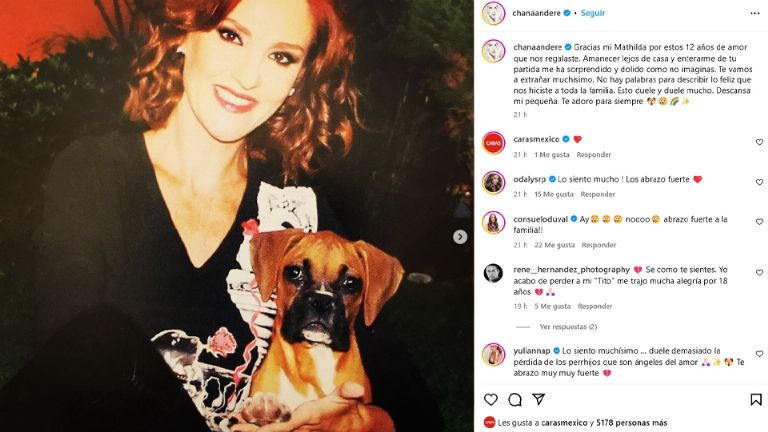 Chantal Andere anunció la muerte de su perrita Mathilda