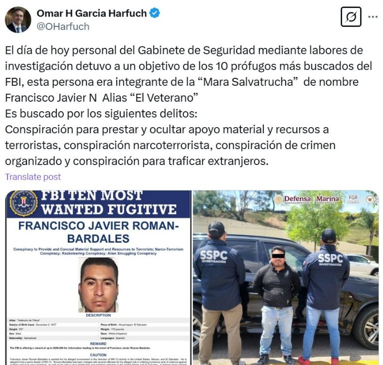 García Harfuch confirmó la detención de El Veterano